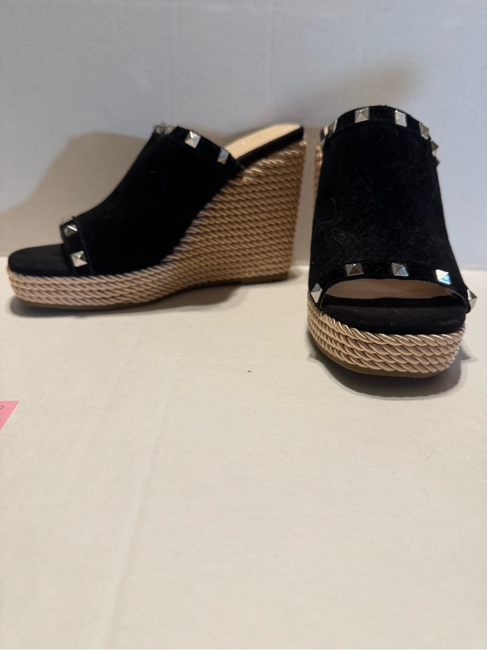 Marc Fisher Black Suede Studded Espadrille Wedge Mules